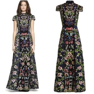 Alice + Olivia NIDIA Navy Blue Floral Embroidered Beaded Gown Lace - Size 4